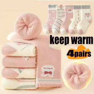 4 paar meisjes badstof dikke warme zachte konijn en bloem cartoon halfhoge sokken, machinewasbare polyester mix voor casual kleding, leuke sokken, speels ontwerp, duurzame sokken