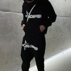 Heren 2-delige Hoodie & Joggingbroek Set - Oversized Fit Winter Warme Tracksuit met Witte Logo Print, Blauw/Zwart Bijpassende Tracksuit, Machinewasbaar Casual Gym & Casual Kledingoutfit