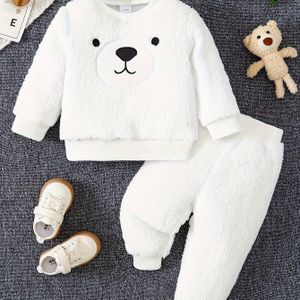 2PCS Babyjongens Herfst/Winter Fuzzy Cartoon Lange Mouwen Sweatshirt & Broek Set - Schattige Stijl, Buitenkleding