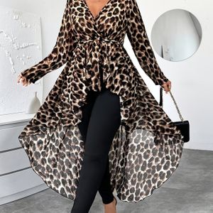 Plus Size Dames Elegante Luipaardprint V-Hals Lange Mouw Blouse - Korte Achterkant, Semi-Doorschijnende Lichtgewicht Chiffon Top voor Lente/Zomer, Machinewasbaar, Chic Zomermode, V-hals Ontwerp