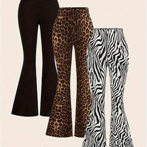 3 stuks Luipaard & Zebra Gestreepte & Flare Leg Broeken, Elegante Elastische Taille Skinny Hoge Taille Broeken Voor Lente & Herfst, Dameskleding