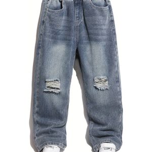Jongens Lichtgewassen Gescheurde Jeans - Casual Wijde Pijpen Denim Broek met Ruwe Zoom, Losse Pasvorm voor Jonge Mensen, Wear, Dagelijks Jeans | Wijde Pijpen Jeans | Gescheurde Jean