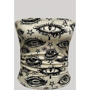 Vrouwen's Slim--Shoulder Strapless Top met Oog & Ster Print - Rekbare -Baring Shirt, Machinewasbaar All-Seizoen voor Casual & Avondkleding, Veelzijdige Mode, Opvallend Design, Rekbaar Materiaal