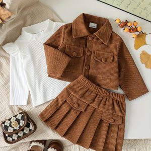 Meisjes Lente/Herfst Witte Lange Mouwen Top + Kleur Knooprok + Jas Mode - Set, Perfect voor Buiten