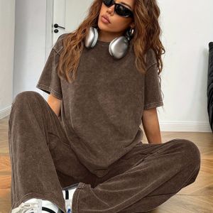 Y2K Herfst/Winter Casual Homewear Set voor Vrouwen: Ronde Hals Top met Korte Mouwen en Losse Broek met Rechte Pijpen
