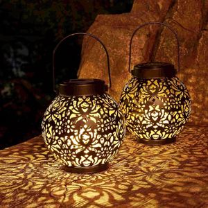1pack-2pack Outdoor Solar Hanging Lantern Lights, Tabletop With Handle, Led Moroccan Lanterns, Metal Decorative Garden Solar Lights For Patio, Lawn, Porch, Backyard