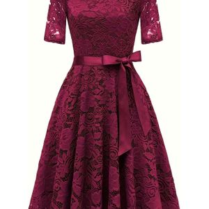 Elegante Beige Kantjurk met Strikdetail - Korte Mouwen, Ronde Hals, Vloeiende A-Lijn Rok, Perfect voor Lente & Zomer, Volwassen Damesmode, Schattige Jurk