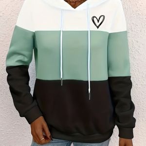 Vrouwen Geometrische Color Block Hoodie - Mintgroen/Wit/Zwart met Hartontwerp, Rekbare Mid-Gewicht Pullover voor Lente Zomer Herfst, Machinewasbaar Casual Streetwear