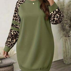 Plus Size, 1 Stuks Vintage Oversized Luipaardprint Drop Shoulder Lange Jurk voor Lente en Herfst, Veelzijdige Stijl voor Dagelijks Gebruik en Uitjes