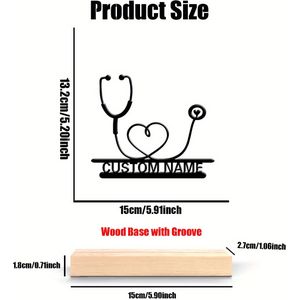 1st Gepersonaliseerde Stethoscoop Metalen Kunst met Houten Basis - Aangepaste Naam Hartontwerp, Zwart ECG & Stethoscoop Silhouet, Perfecte Bureaudecoratie voor Artsen, Personeel en Kantoordecor