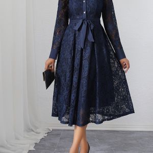 Lente/Herfst Damesjurk, Elegante Gordel met Kant Uitsnijding, Zakelijk Cocktailfeest, Staande Kraag Marineblauwe Midi Jurk HRYY132