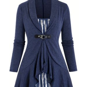 Plus Size - Plus Size - Plus-Size Dames Lange Mouw Nep-Tweedelige Top met Zoom en Bloemenprint, Versierd met Fruitkraag en Knopen