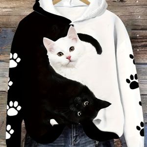 Dames Comfortabele Hoodie met Kattenprint - Casual Lange Mouwen Pullover, Wasmachinebestendig,