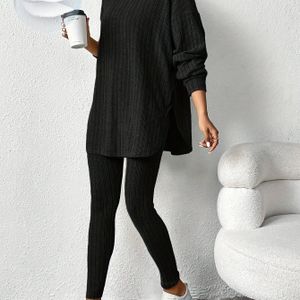 Casual Mode Set voor Dames - Zwart Lange Mouwen Top & Leggings, Comfortabele Lente/Herfst Outfit, Casual Kleding|Minimalistische Stijl| Constructie, Dames Broekpakken