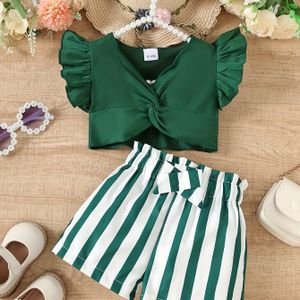 Zomer Tweedelige Set voor Baby Meisjes: Kleur Twist Casual Mouwtop en Gestreepte Print Strik Shorts Outfit, Perfect voor Buiten