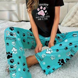 2pcs Women's Pajamas And Pants + Alphabet Cat Paw Pattern Top Home Clothes