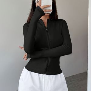 Elegante lange mouw rits-outfit voor dames - Zwart, Y2K-stijl, ronde hals, kleur, stijlvolle ritsdetail, herfst/wintermode, rits-outfit met capuchon, rits-outfit met capuchon
