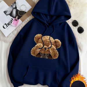 Dames Fleece Gevoerde Hoodie met Teddybeer & Hartjesprint - Zachte Warme Pullover, Hood met Trekkoord, Casual Trui voor Alle Seizoenen, Geschikt voor Dagelijks Gebruik & Formele Outfits