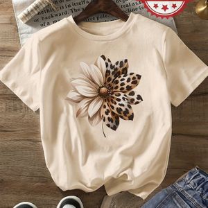 Vrouwen Casual Ronde Hals T-Shirt - Witte Zomertop met Beige & Bloemenprint, Relaxed Fit, Wasmachinebestendig, Dames Shirts, Casual Kleding, Luipaard Print Design, Niet-Transparante Stof
