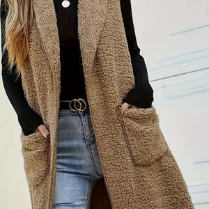 Plus Size - Lange Mouwloze Pluche Vest voor Dames | Casual Herfst-Winter Bovenkleding met Reverskraag en Kleurpatroon