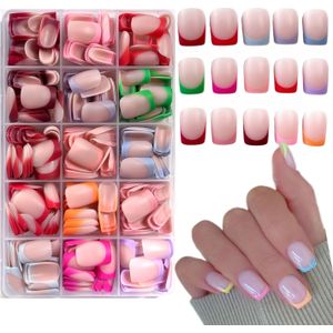450 stuks 15 kleuren Klassieke Franse Korte Vierkante Press-On Nagelset - 15 Gemengde Kleuren Volledige Nagelkunst, DIY Willekeurig, Matte Afwerking, Korte Vierkante Nagel Tips, Perfect Gif