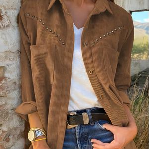 Vintage Geïnspireerd Kleur Overhemd met Knopen en Zakken - Lange Mouwen, Polyester, Machinewasbaar - Elegante Damesmode