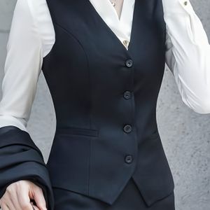 Single Breasted V Neck Vest, Elegant Sleeveless Outerwear For Office & Work, Women's Clothing