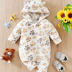 YIERYING Jongens' Dikke Warme Winter Romper met Capuchon - Knuffelzacht Hondenpoot & Botpatroon, Zachte Fleece-gevoerde Bodysuit voor Baby's, Handwas Alleen, Ideaal voor Buiten