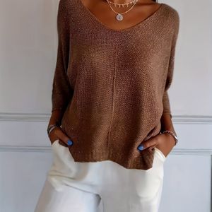Vrouwen Elegante V-hals Trui - 3/4 Mouw Losse Pasvorm H-Silhouet, Zachte Bruine Kleur, Lente Zomer Herfst Casual & Formele Kleding, Getextureerde Stof