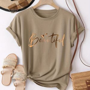 Vrouwen Casual T-Shirt met Ronde Hals en Hart & Letter Print - "Mooi" Ontwerp, Korte Mouw, Losse Pasvorm, Zwart, Perfect voor Lente/Zomer/Herfst, Dames T-Shirts