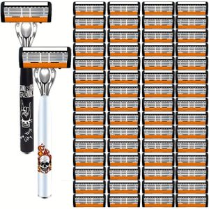 2 Handvat + 60 Kwaliteit Progressieve Mes Handvat Mannelijke Gezichtsreiniging Verzorgingsgereedschap, Klassieke Handmatige Scheerapparaat Veilig Scheerapparaat voor Mannen en Vrouwen