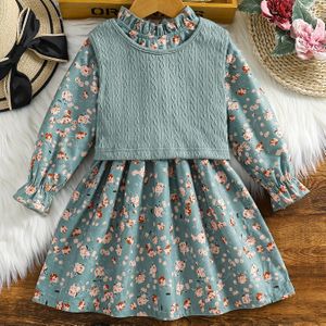 Lente/Herfst Casual Uitje Kleine Opstaande Kraag Lange Mouw Print Bloemenpatroon Jurk en Kleur Vest Set voor Meisjes, Perfect voor Buiten