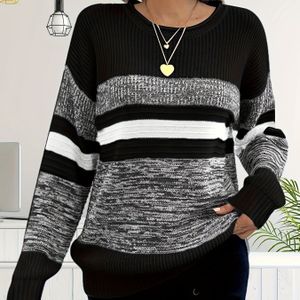 Elegante gestreepte acryltrui voor dames - blauw, wit & zwart, ronde hals, top, stijlvolle gebreide trui, stijlvolle gebreide top|gestreept top|acryl gebreide stof