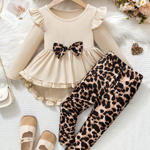 Meisjes 2-delige set: gebreide jurk met ronde hals en patchwork, met luipaardprint strik top en luipaardprint leggings, perfect voor casual kleding, perfect voor buiten.