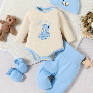 Baby Jongen 4- Set met Beerpatroon Lange Mouwen Driehoekige Jumpsuit & Broek & Hoed & Sokken Set, voor Buiten