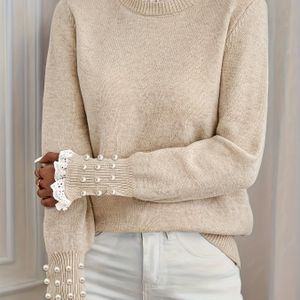 Vrouwen's -geïnspireerde Imitatieparel Versierde Gerimpelde Mouw Trui - Ronde Hals Lange Mouw Pullover voor Herfst Winter, Elegante Speciale Collectie, Schattige Trui