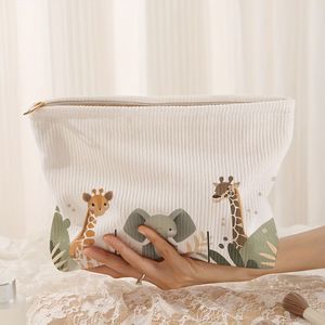 Elefant Giraffe Geprinte Corduroy Make-up Tas - Lichtgewicht Ritsgevoerde Make-up Tas, Multifunctionele Opbergtas voor Toiletartikelen en Accessoires, Geschikt voor Mannen en Vrouwen