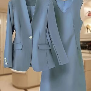 Stijlvolle Grijs Blazer & Mouwloze V-hals Jurk Voor Dames - Polyester, Zakken, Perfect Voor Lente/Herfst, Veelzijdige Werkkleding|Stijlvolle Blazer|Polyester Stof