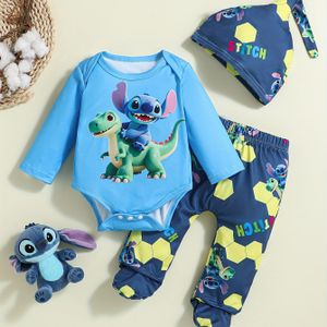 Disney Stitch Cartoon Print Bodysuit + Broek Set met Babyhoed, Schattig Kruipoutfit voor Jongens - Lente/Herfst Kinderkleding