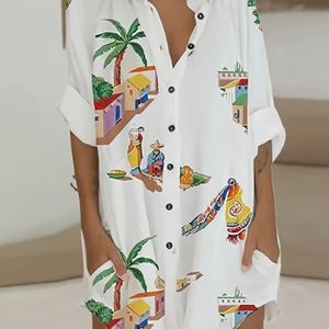 Strand Print Voorkant Blouse, Vakantie Lange Mouw Lange Top Voor Lente & Herfst, Dameskleding