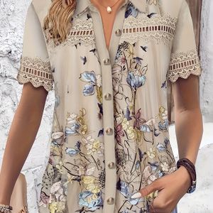 Women's Casual Floral Print Blouse - Short Sleeve, Button-up With Lace Detail, Breathable Polyester & Spandex , Spring/summer