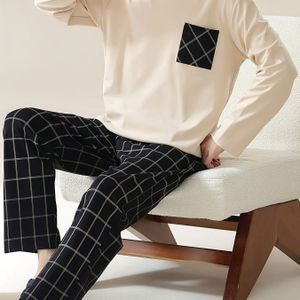 Heren Lange Mouw Ronde Hals Pullover met Zak, Broek, Zachte Comfortabele Trendy Mode Nachtkleding Set, Casual Stijl, Regular Fit, Gebreide Stof, Pyjama Outfit