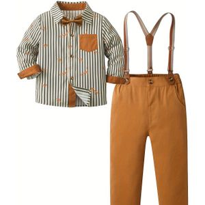 Jongens' Gentleman Print Lange Mouwen Overhemd & Bretelbroek Set - Formele Outfit, Gestreept met Strik, Machinewasbaar, Perfect voor Buiten