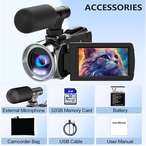 4K HD Videocamera met Externe Microfoon, Digitale Camera Recorder 4K 48MP 3 Inch 270 Graden Draaibaar 18X Digitale Zoom Camcorder met 32GB SD Kaart