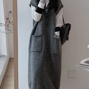 Mouwloze Gebreide Jurk Met Knoopdecor, Casual Vestjurk Met Dubbele Zak En V-hals Voor Herfst En Winter, Dameskleding