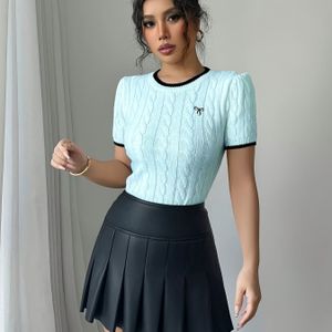 DP022358 Kat Oor Ontwerp Dames Korte Mouw Top - Elegante Twee-Tonige Randen, Zacht & Niet Pilling, Perfect voor Lente/Zomer/Herfst, Casual Wear|Elegante Top|Gebreid