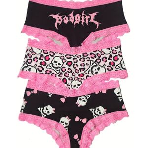 Chic 3pcs Women's Briefs With Leopard & Skull Print, Pink Lace Trim - Comfy Polyester Blend, Machine Washable
