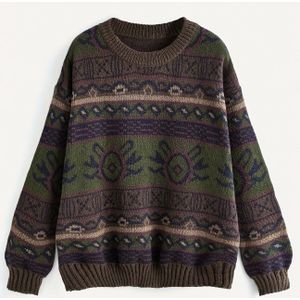 Vrouwen's Gezellige Lange Mouw Trui - Elegante Pullover met Gedetailleerde Bloemenprint, Donkergroen & Beige, Ideaal voor Casual , Feestjes en Dagelijks