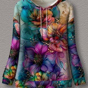 Plus Size, Gouden Bloemenprint Dames Hoodie met Lange Mouwen en Zakken - Geen Accessoires Inbegrepen