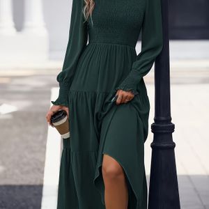 Gerimpelde Lange mouw Shirred jurk, Elegant kleur Ronde hals Hoge taille Gerimpelde A-lijn jurk, Dameskleding